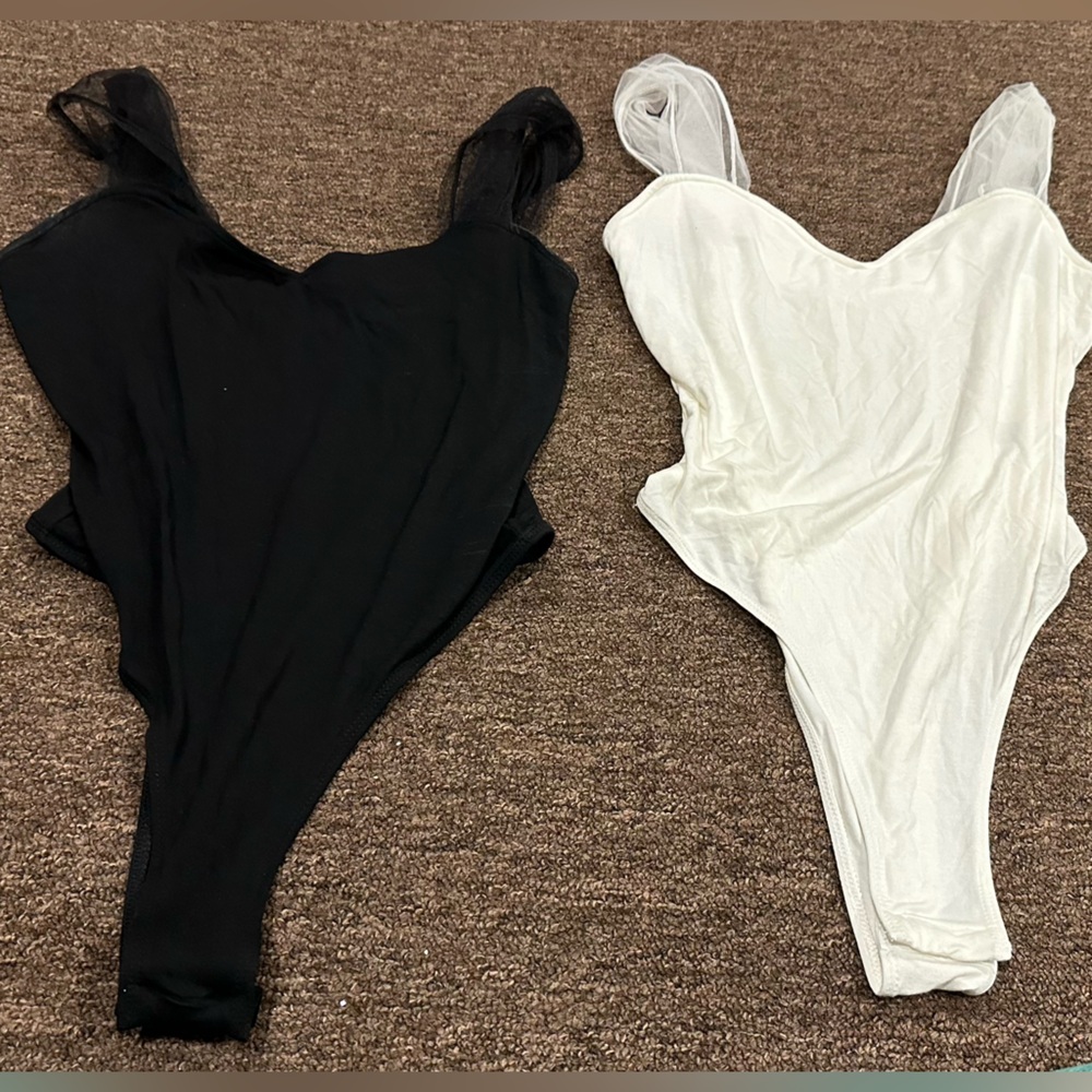 SHEIN Black and White Mesh Strap One-Piece Bodysuits